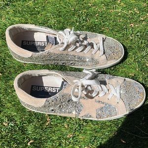 Golden Goose in Silver Glitter/ Blush Suede. Size 40